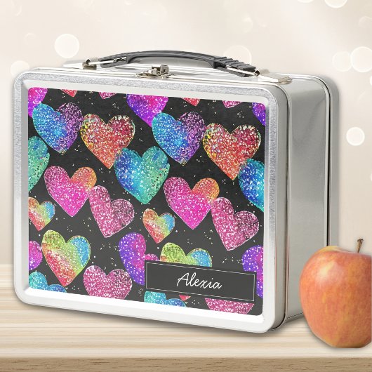 ネオンカラフルハートプリント名 メタルランチボックス