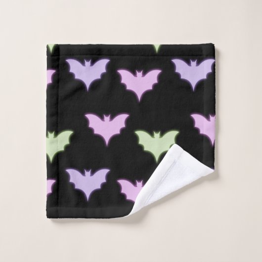 ネオンカラフルピンクパープルグリーンこうもりハロウィーン バスタオルセット (ウォッシュタオル)