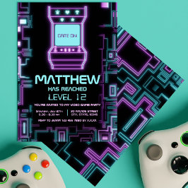 ネオンカラフルレトロアーケードキッドゲーマー誕生日 招待状