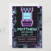 ネオンカラフルレトロアーケードキッドゲーマー誕生日 招待状 (正面)