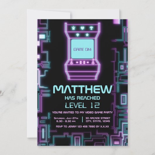 ネオンカラフルレトロアーケードキッドゲーマー誕生日 招待状 (正面)