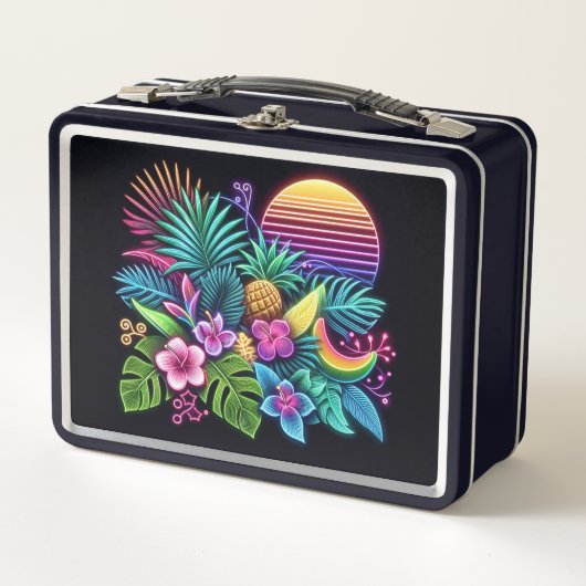 ネオンカラフル熱帯/ハワイアン メタルランチボックス (正面)