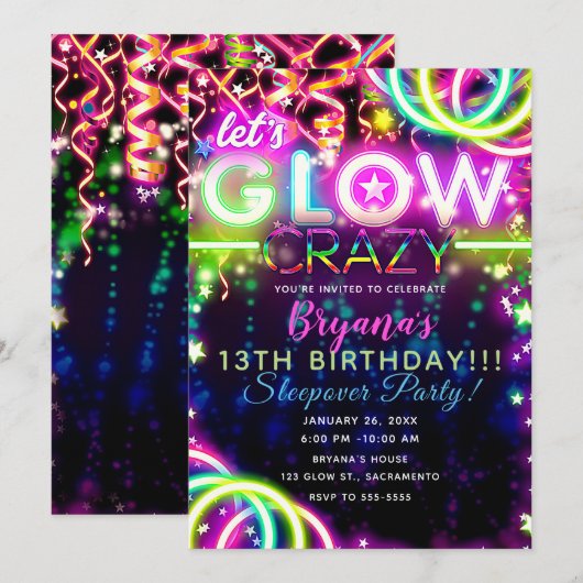ネオンカラーが輝く誕生日パーティー Let's GLOW Crazy 招待状 (正面/裏面)
