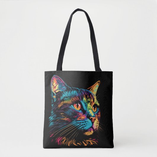 ネオンカラーの猫の顔 トートバッグ (正面)