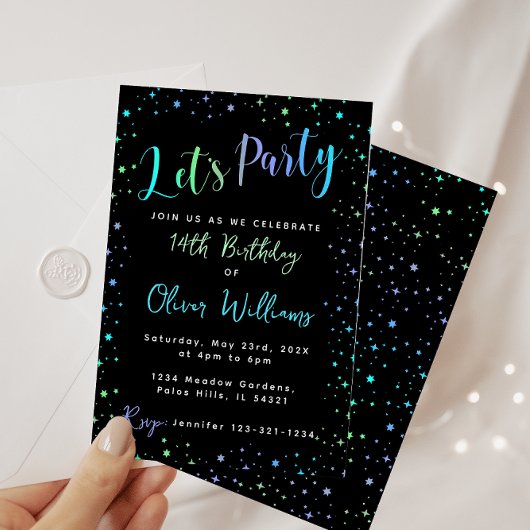 ネオンカラーの青緑色の誕生日男の子の招待状 招待状