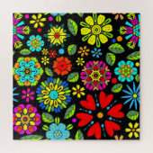 ネオンカラーオンブラックレトロフローラシームレスパターン ジグソーパズル (横)