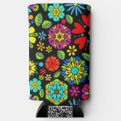 ネオンカラーオンブラックレトロフローラシームレスパターン スリム缶クーラー (正面)