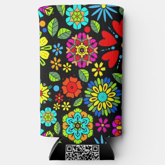 ネオンカラーオンブラックレトロフローラシームレスパターン スリム缶クーラー (正面)