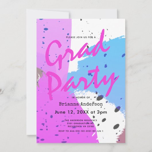 ネオンカラーブラシストローク写真卒業パーティー 招待状 (裏面)