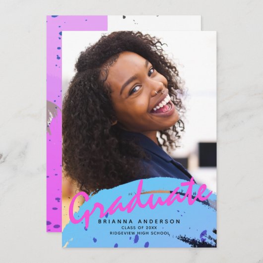 ネオンカラーブラシストローク写真卒業パーティー 招待状 (正面/裏面)