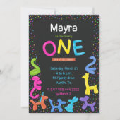 ネオンカラー動物風船最初の誕生日 招待状 (正面)