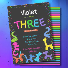ネオンカラー動物風船第3誕生日 招待状