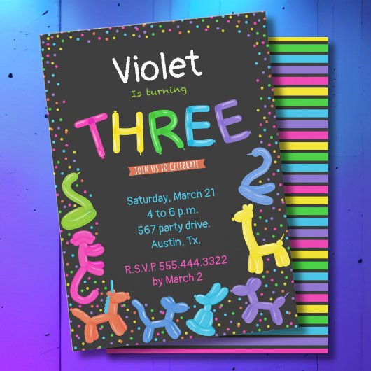 ネオンカラー動物風船第3誕生日 招待状