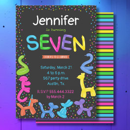 ネオンカラー動物風船7歳の誕生日 招待状