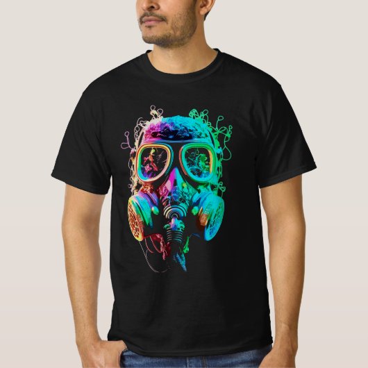 ネオンガス・マスク:鮮やかなカオスアート Tシャツ (正面)