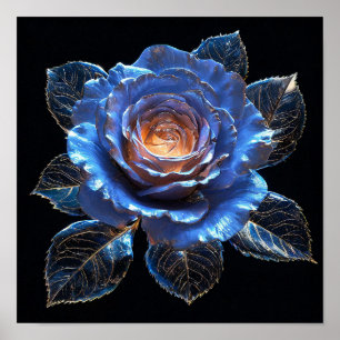 💙 ネオンガラスブルーローズ幻想的な花の芸術 ポスター