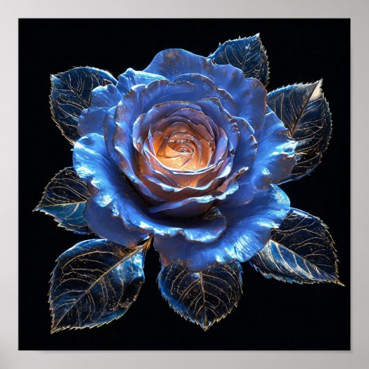 💙 ネオンガラスブルーローズ幻想的な花の芸術 ポスター (正面)
