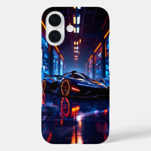 ネオンガレージの未来的なレーシングカー iPhone 16ケース