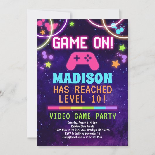 ネオンガールズビデオゲーム誕生日パーティーへの招待 招待状 (正面)