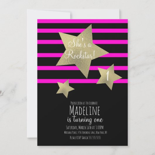 ネオンガールロックスターギタフェイクー金ゴールドスター誕生日 招待状 (正面)