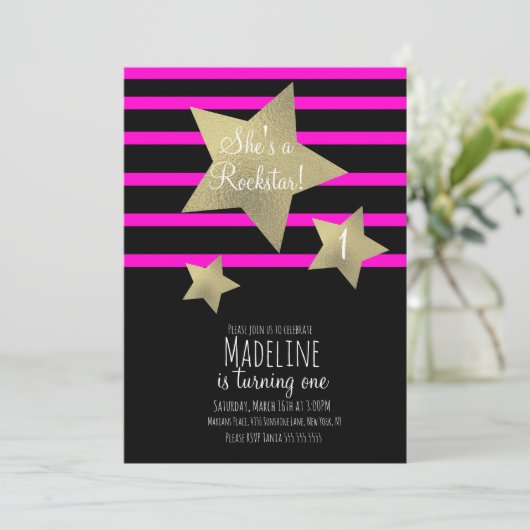ネオンガールロックスターギタフェイクー金ゴールドスター誕生日 招待状 (スタンド正面)