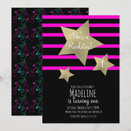 ネオンガールロックスターギタフェイクー金ゴールドスター誕生日 招待状