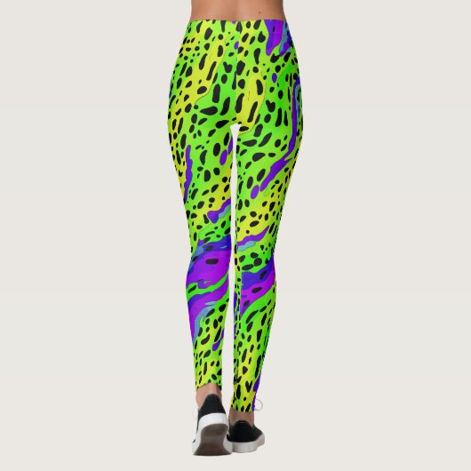 ネオンクールグリーンと紫のアニマルプリント模様 レギンス (裏面)