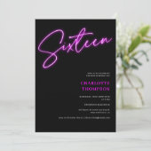 ネオンクールパープルスクリプトレトロ黒写真Sweet 16 招待状 (スタンド正面)