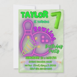 ネオングリーンとパープルキッズボーリング誕生日パーティー 招待状