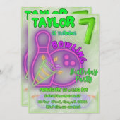 ネオングリーンとパープルキッズボーリング誕生日パーティー 招待状 (正面/裏面)