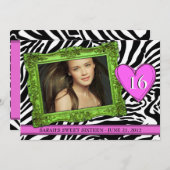 ネオングリーンとピンクのSweet sixteen 招待状 (正面/裏面)