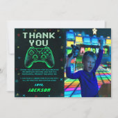 ネオングリーンのアーケードビデオゲームの誕生日写真 サンキューカード (正面)