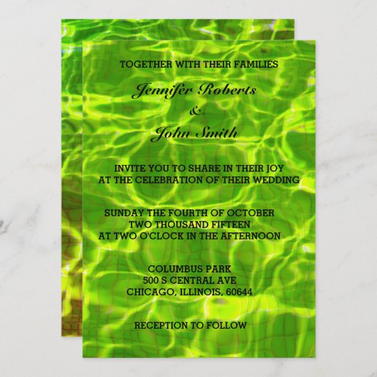 ネオングリーンの結婚式の水抽象アート 招待状 (正面/裏面)
