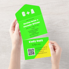 ネオングリーンイエローモダンレトロはっきりしたエレガント オールインワン招待状