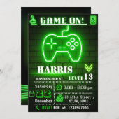 ネオングリーンゲーマーバースデーパーティーの招待 招待状 (正面/裏面)