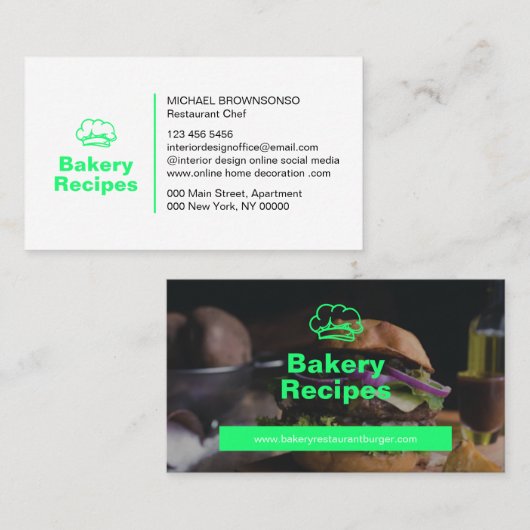ネオングリーンバーガー写真レストランシェフフード 名刺 (正面/裏面)
