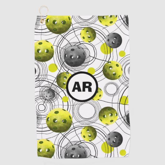 ネオングリーンピクルボールズイニシャルスワットタオル ゴルフタオル (正面)