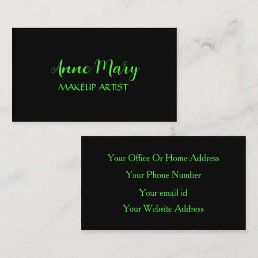 ネオングリーンブライトスクリプトメイクアップアーティストサロン クール 名刺 (正面/裏面)