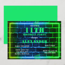ネオングリーンブルーブリック11thバースデーパーティー招待状