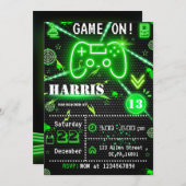 ネオングリーンレーザーラベルゲーマーバースデーパーティー 招待状 (正面/裏面)