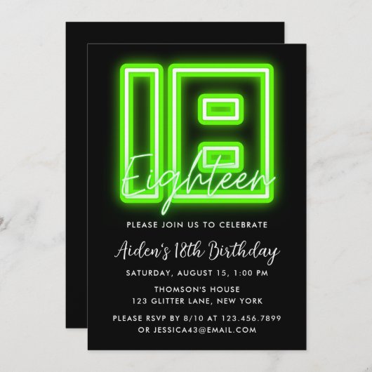 ネオングリーン18誕生日招待状 招待状 (正面/裏面)