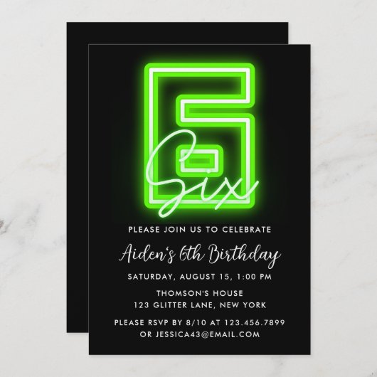 ネオングリーン6th誕生日招待状 招待状 (正面/裏面)