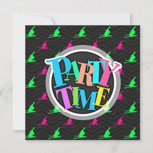 ネオングリーン、ホットピンク、雪スキー、黒シェブロン 招待状 (正面)