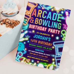 ネオングローアーケードとボーリング誕生日パーティー 招待状