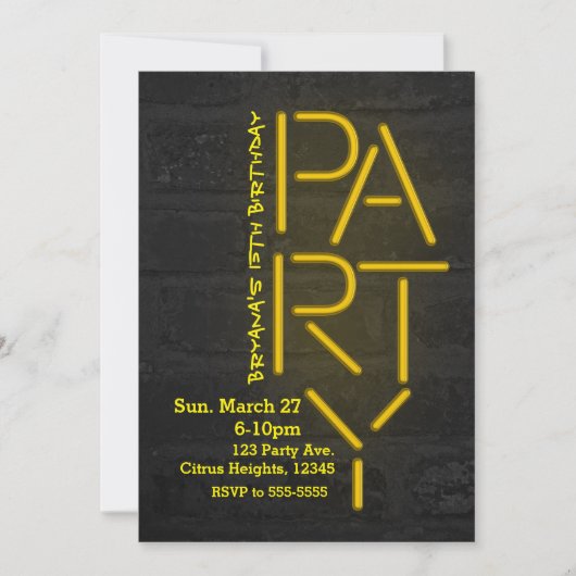 ネオングローイエローパーティーレンガ壁アーバン招待状 招待状 (正面)