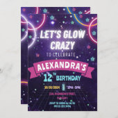 ネオングローインザダークグロー誕生日ガールパーティー 招待状 (正面/裏面)