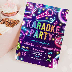 ネオングローカラオケ歌唱音楽誕生日パーティー 招待状