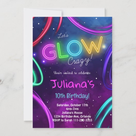 ネオングローガールズバースデーパーティー招待状 招待状 (正面)