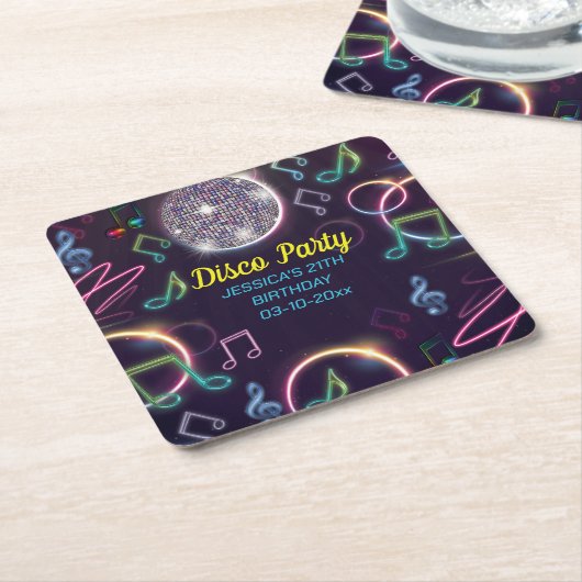 ネオングローディスコダンスバースデーパーティー スクエアペーパーコースター (アングル)