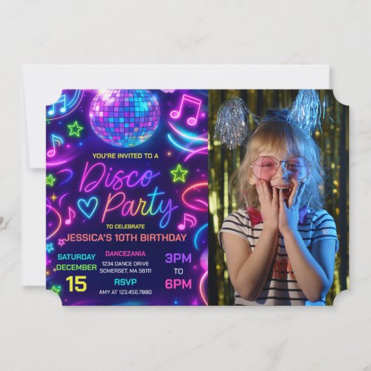 ネオングローディスコダンスパーティー誕生日写真 招待状 (正面)